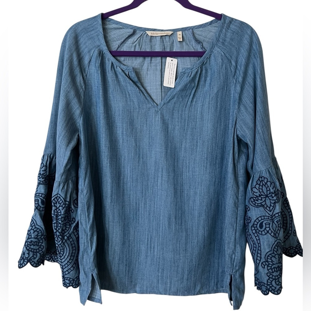 Soft Surroundings NWT chambray v-neck embroidered bell statement sleeve blouse